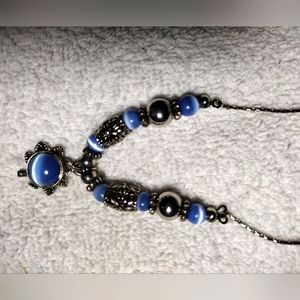 Blue Agate, Multi Gemstone Silver tone Necklace (15") & Earrings
